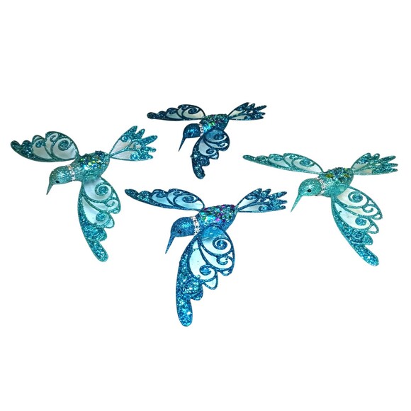 Vtg Set 4 Blue Glitter Sequin Hummingbird Clip On Christmas Ornaments Pier One - Picture 1 of 4